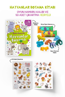 Hayvanlar Boyama Kitabı - Oyun Hamuru, Oyuncak ve Çıkartma Hediyeli - 3 Yaş +