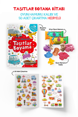 Taşıtlar Boyama Kitabı - Oyun Hamuru, Oyuncak ve Çıkartma Hediyeli - 3 Yaş +